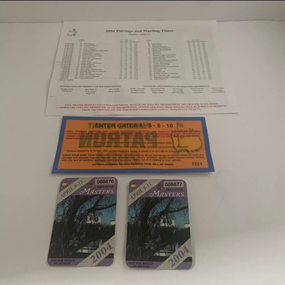 Two 2004 Masters Golf Tournament Badges & Unused Parking Decal Augusta National